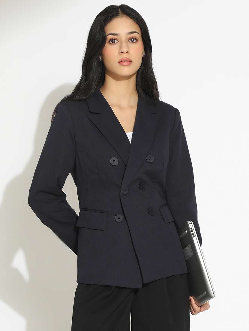 women solid long sleeve double breasted blazer