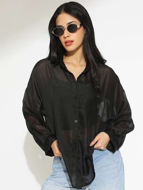 women solid collared long sleeve sheer shirt - 22101914 -  Standard Image - 0