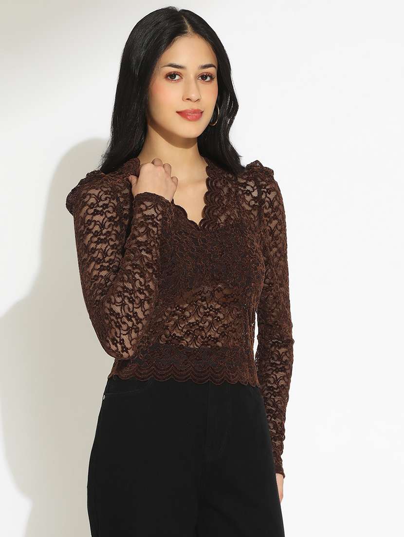 women solid puff sleeve sheer lace top - 22101928 -  Standard Image - 2