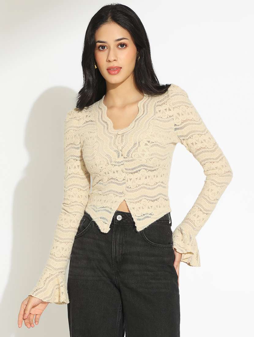 women self designed bell sleeve sheer lace top - 22101930 - Standard Image - 2