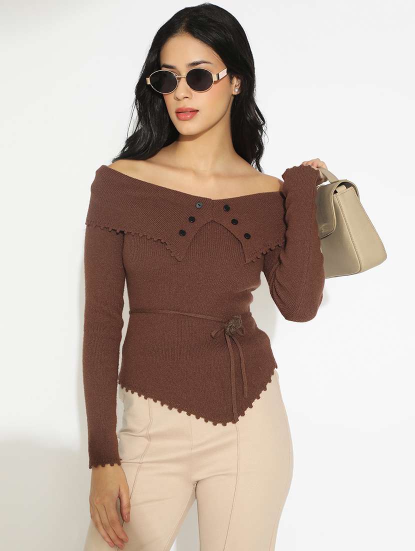 women's brown fitted top with waist tie-up