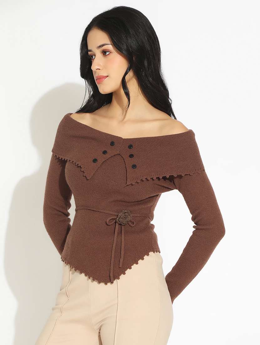women's brown fitted top with waist tie-up - 22101932 -  Standard Image - 2