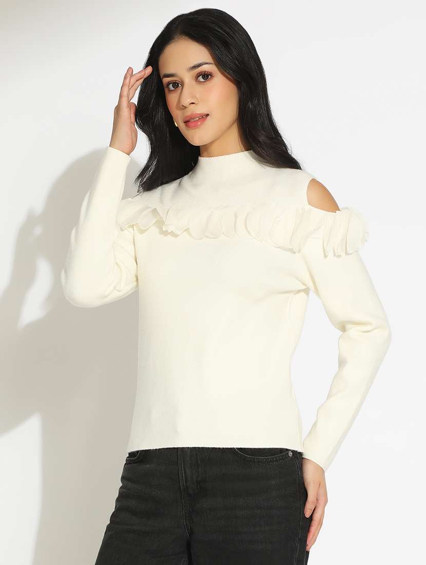 women solid cold shoulder mock neck top - 22101934 - Standard Image - 2