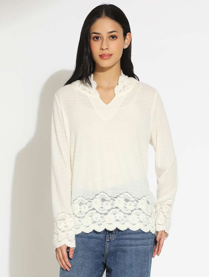 women's solid off white semi sheer top - 22101935 -  Standard Image - 2