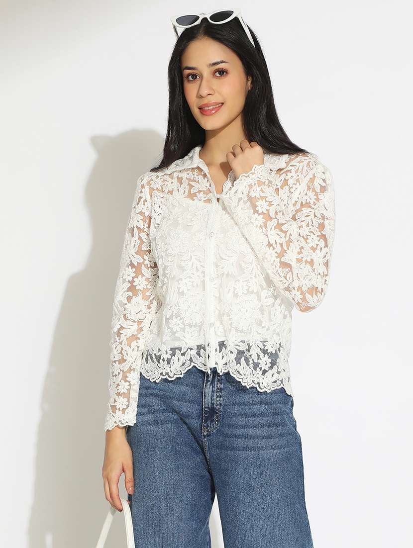 women's floral white semi sheer top with speghetti - 22101937 - Zoom Image - 0
