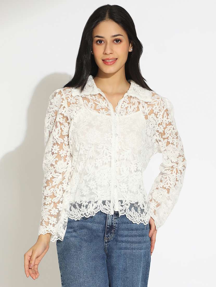 women's floral white semi sheer top with speghetti - 22101937 - Standard Image - 2