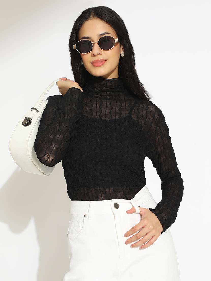 women self desigmed long sleeve high neck sheer top