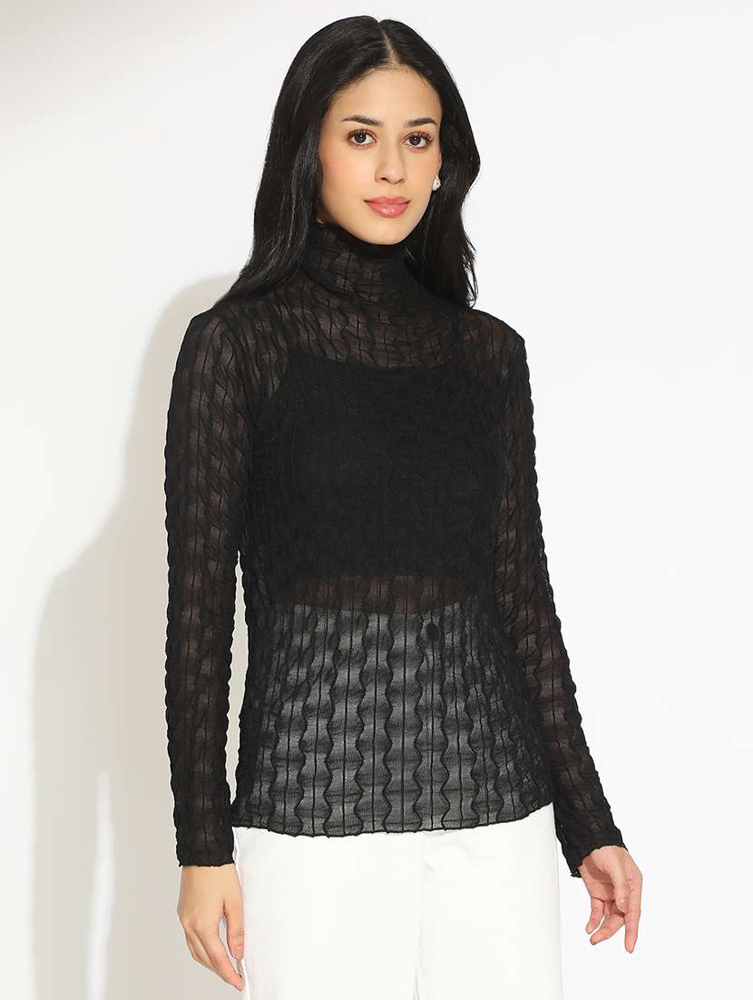 women self desigmed long sleeve high neck sheer top - 22101942 -  Standard Image - 2