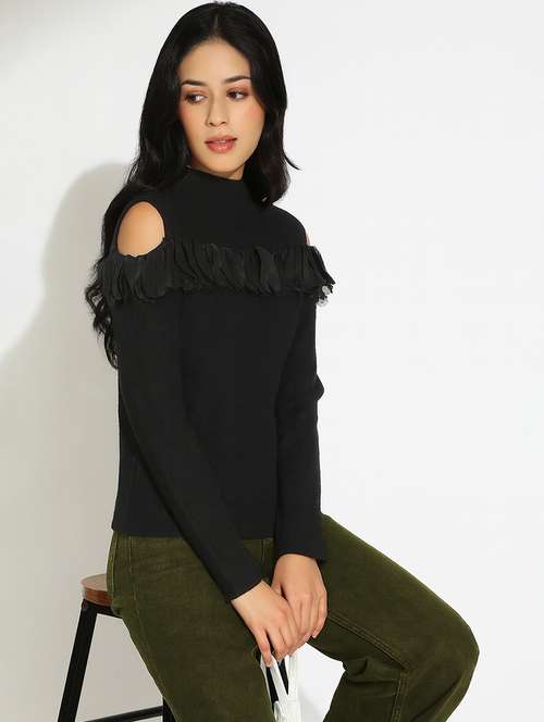 women solid mock neck cold shoulder pullover - 22101947 - Standard Image - 0