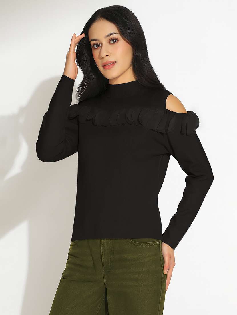 women solid mock neck cold shoulder pullover - 22101947 - Standard Image - 2