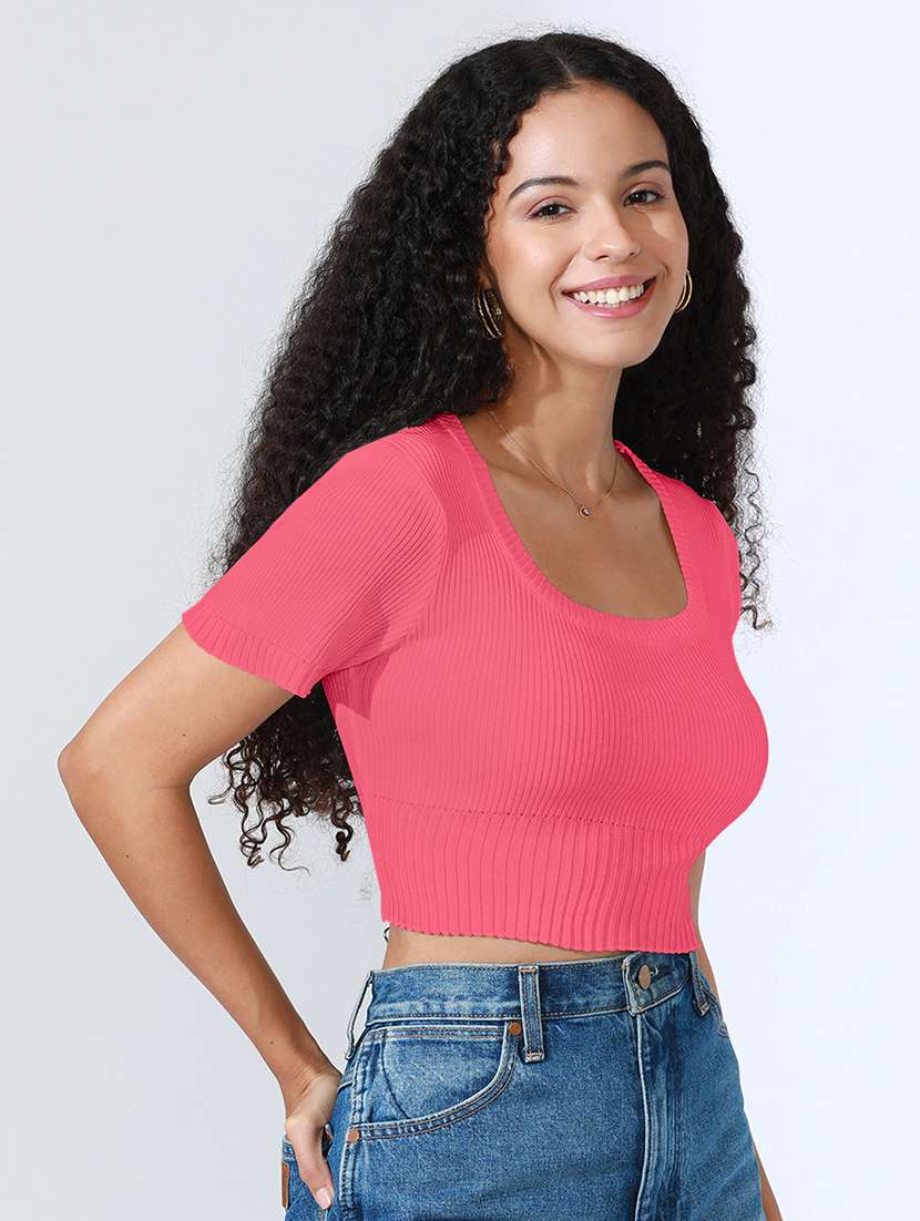 women solid short sleeve crop top - 22101950 - Standard Image - 2