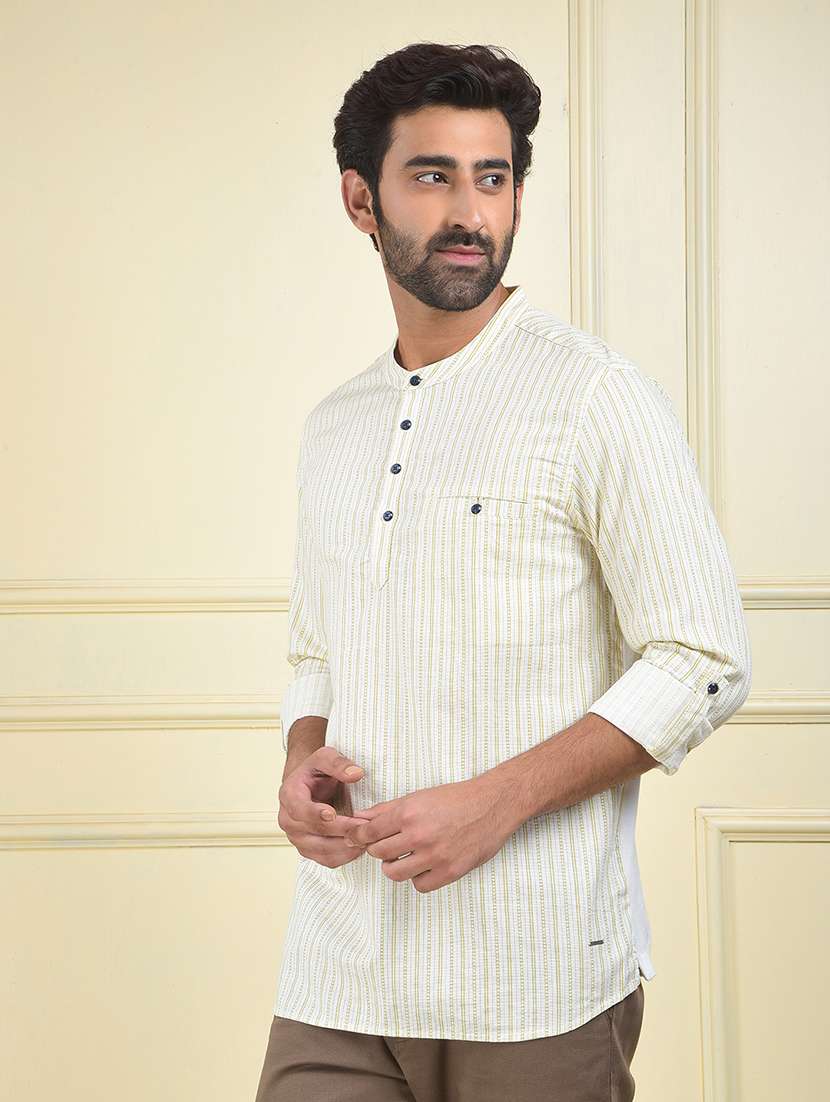 men strpied mandarin neck short kurta - 22102002 -  Standard Image - 2