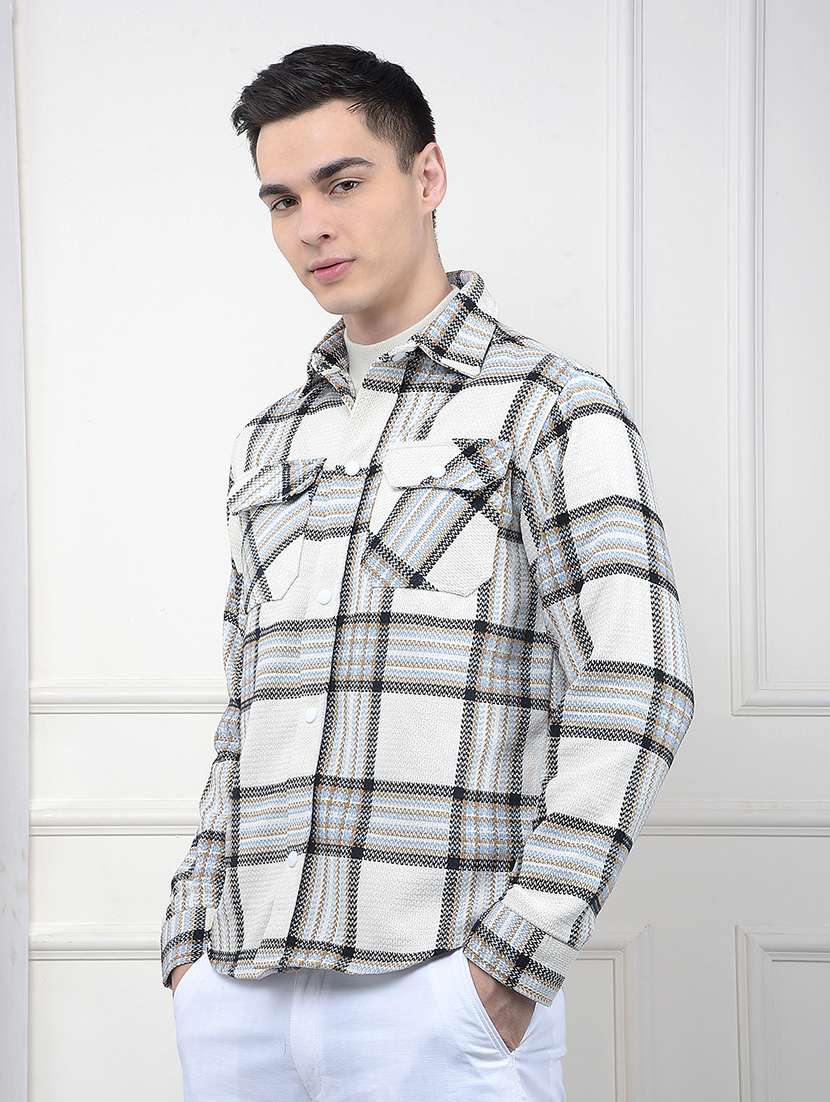 men checkered collared long sleeve shacket - 22102004 -  Standard Image - 2