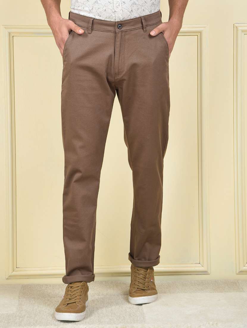 men solid mid rise flat front chinos trouser