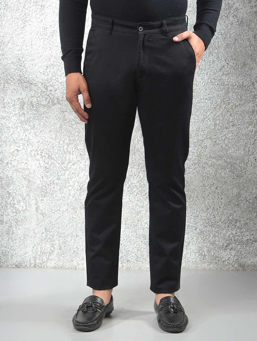 men solid mid rise flat front chinos trouser