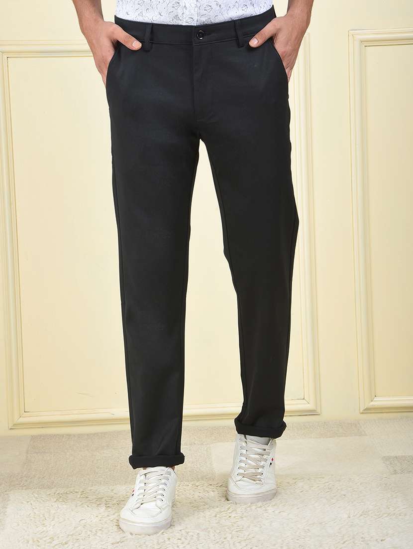 men solid mid rise flat front chinos trouser