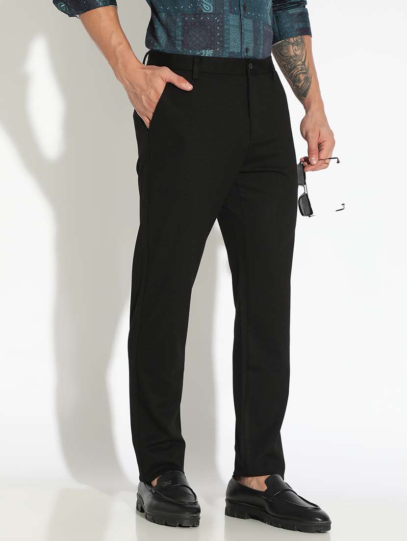 men solid low rise full length casual trouser