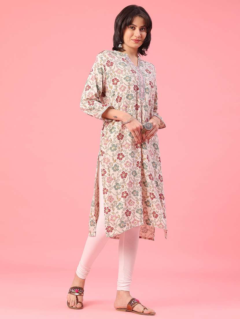 women floral printed three quarter sleeve straight kurta - 22102869 -  Standard Image - 2