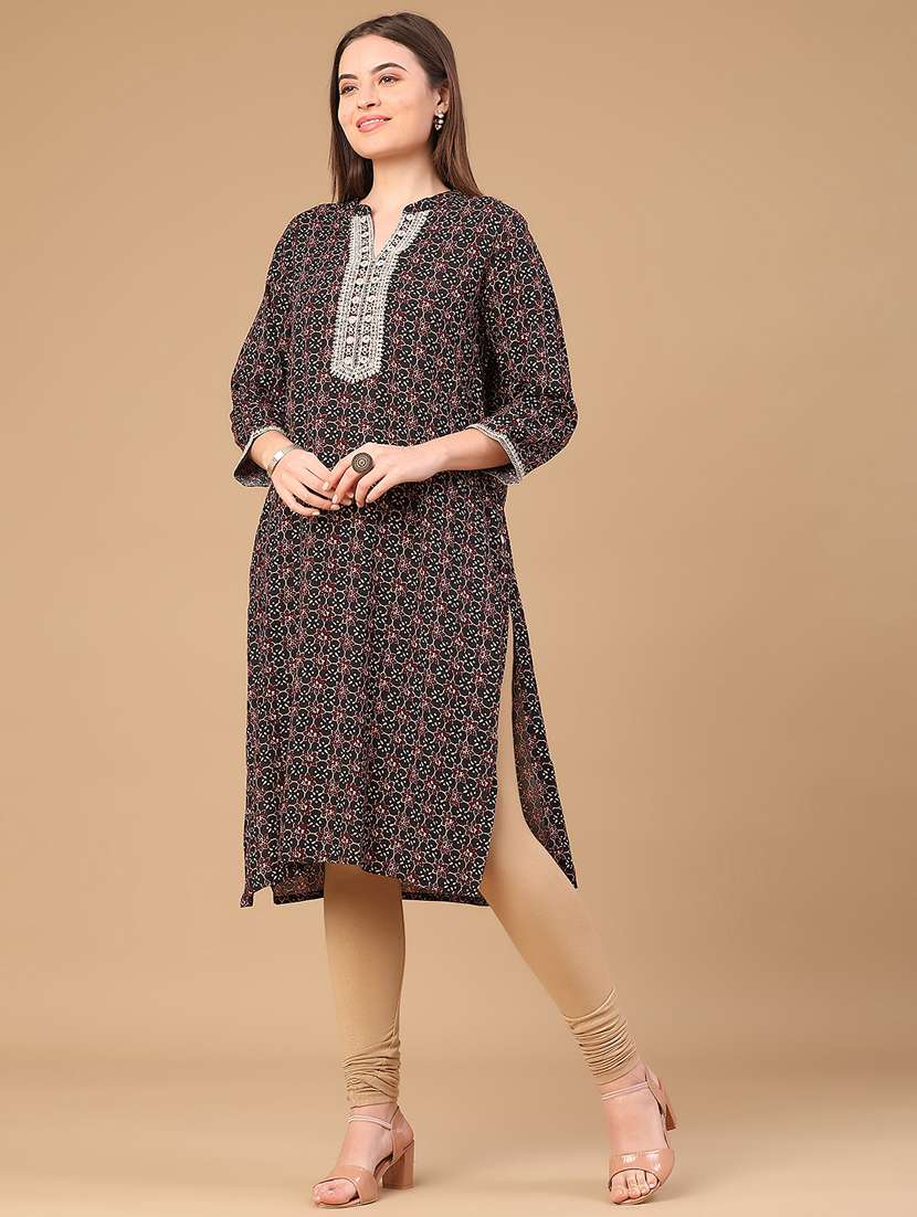 women printed three quarter sleeve a-line kurta - 22102871 -  Standard Image - 2