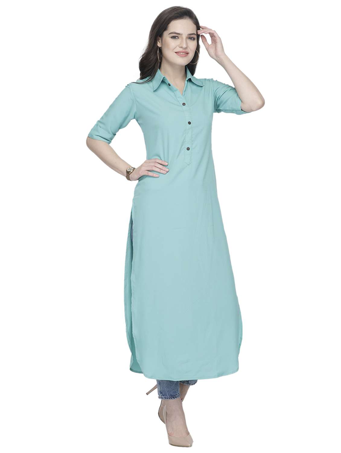 women solid short sleeve straight kurta - 22102970 -  Standard Image - 2