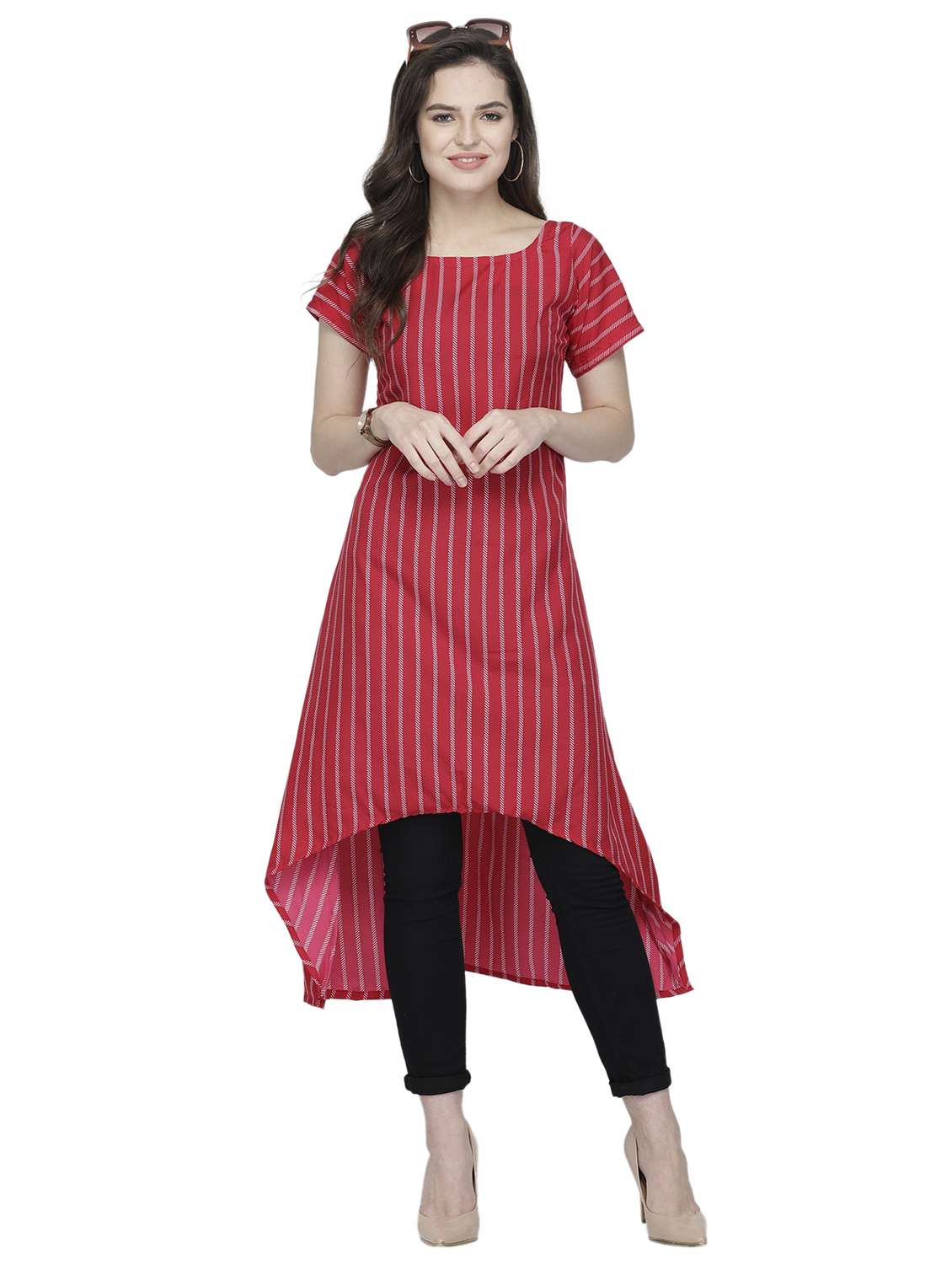 women striped short sleeve high-low kurta