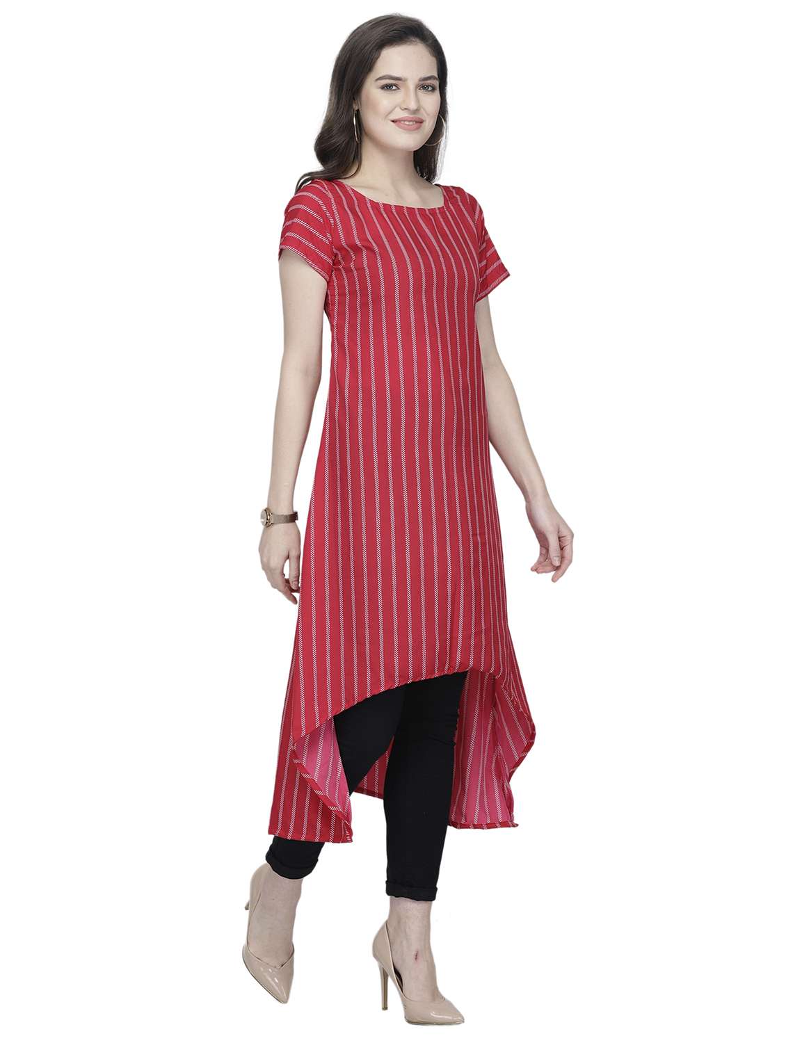 women striped short sleeve high-low kurta - 22102974 -  Standard Image - 2