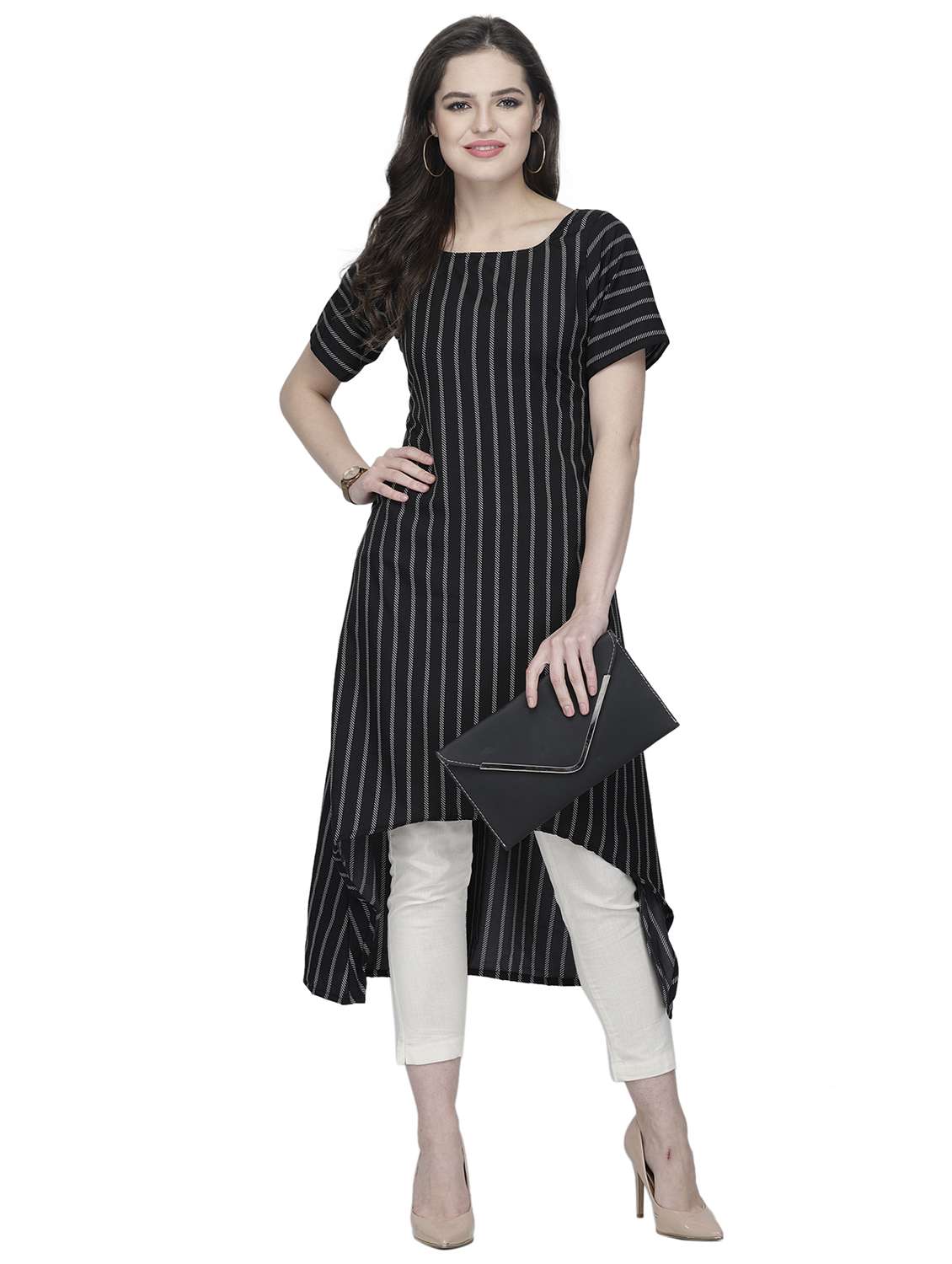 women striped short sleeve high-low kurta