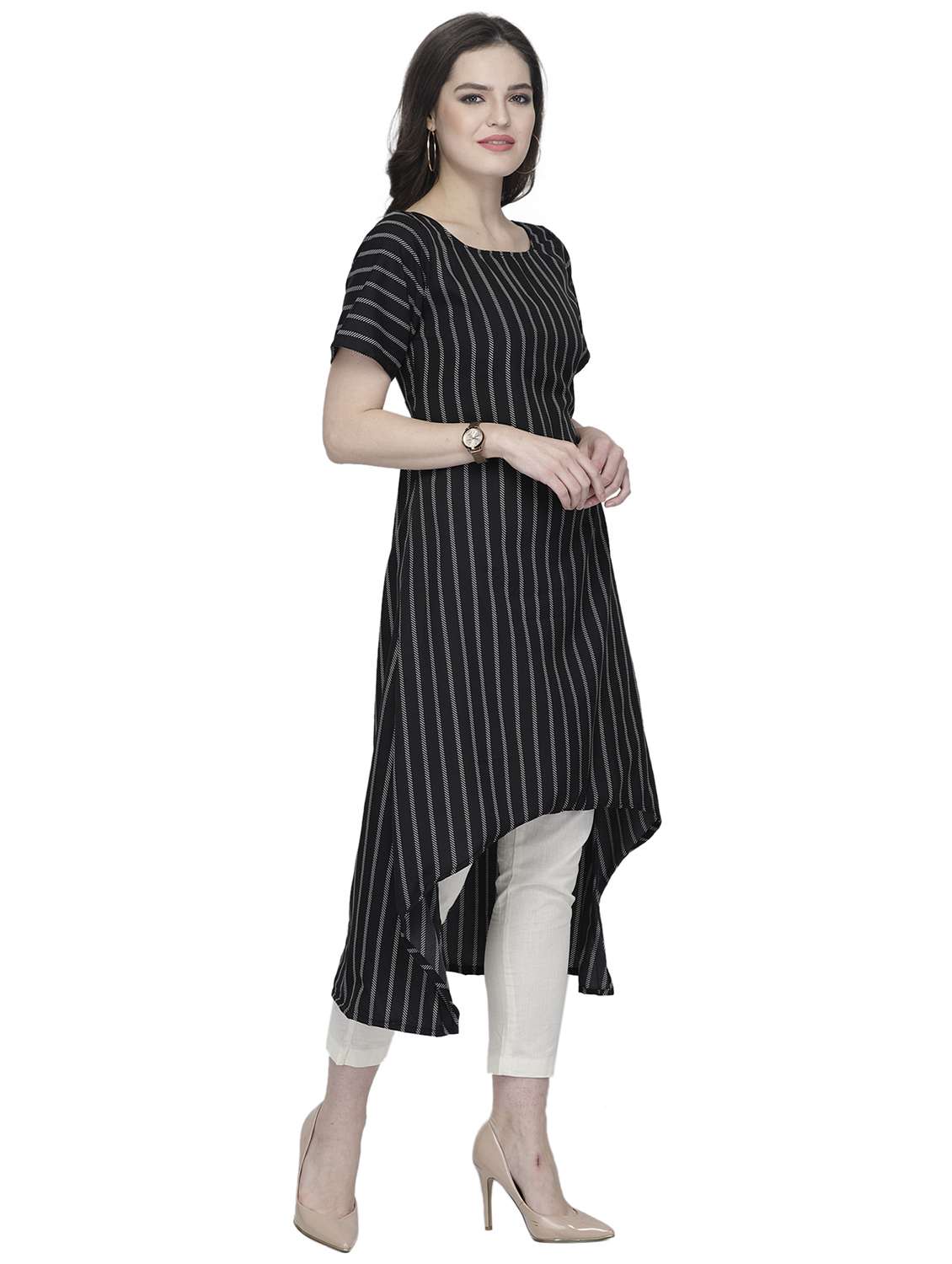 women striped short sleeve high-low kurta - 22102975 -  Standard Image - 2