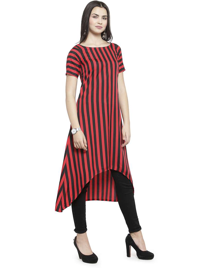 women striped short sleeve high-low kurta - 22102976 -  Standard Image - 2