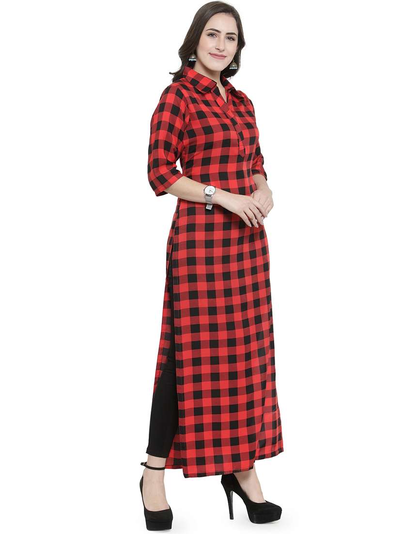 women checkered three quarter sleeve straight kurta - 22102977 -  Standard Image - 2