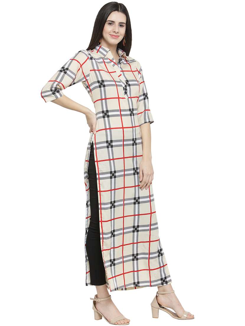 women checkered three quarter sleeve straight kurta - 22102978 -  Standard Image - 2