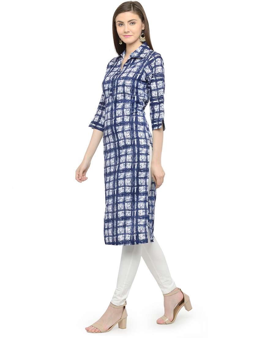 women checkered three quarter sleeve straight kurta - 22102979 -  Standard Image - 2