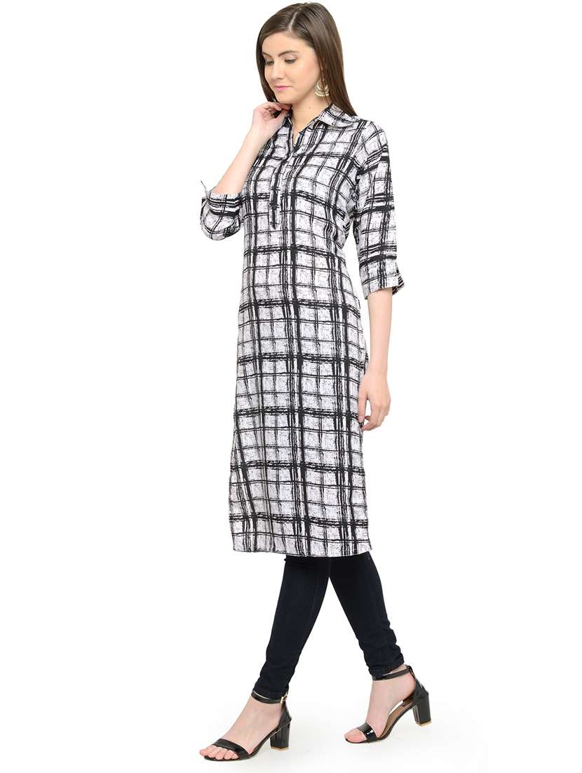 women checkered three quarter sleeve straight kurta - 22102981 -  Standard Image - 2