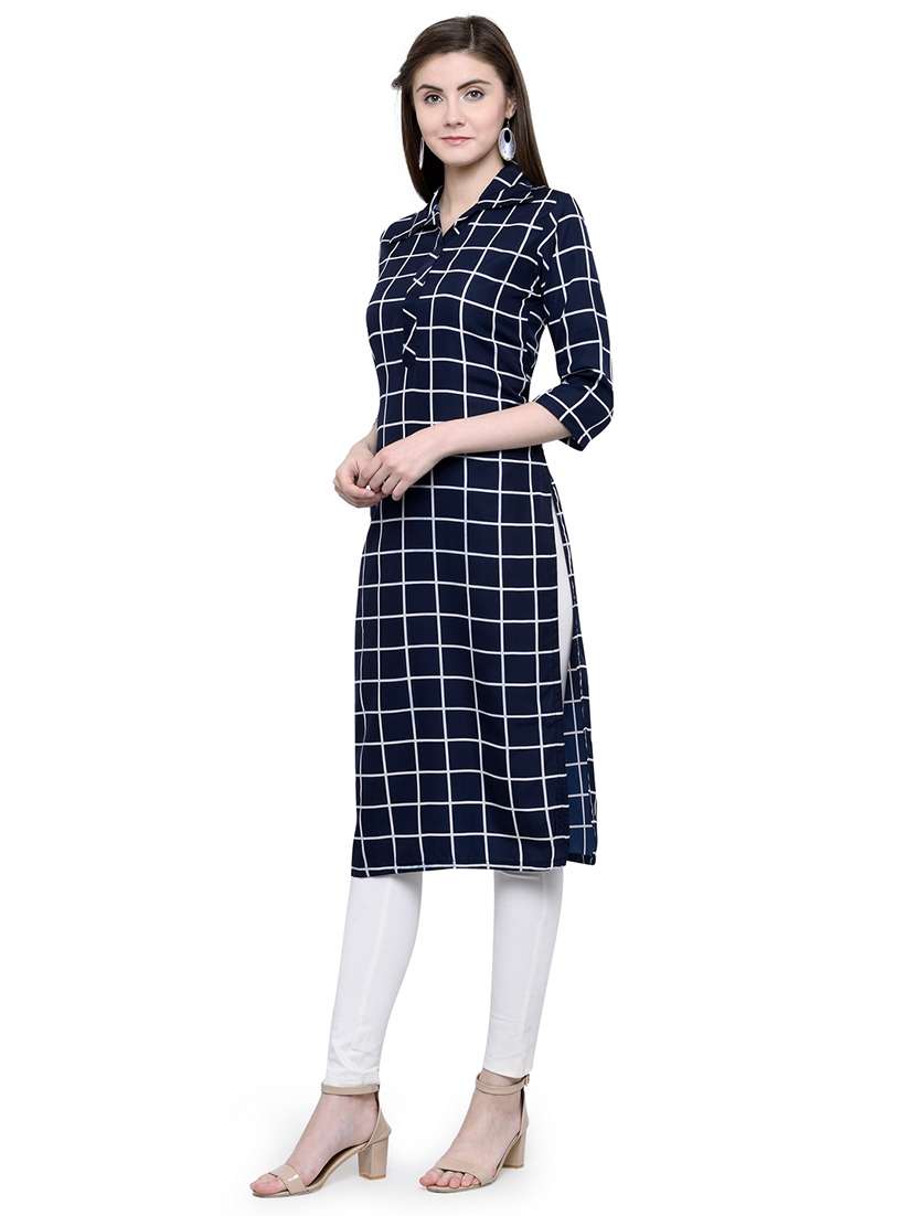 women checkered three quarter sleeve straight kurta - 22102985 -  Standard Image - 2