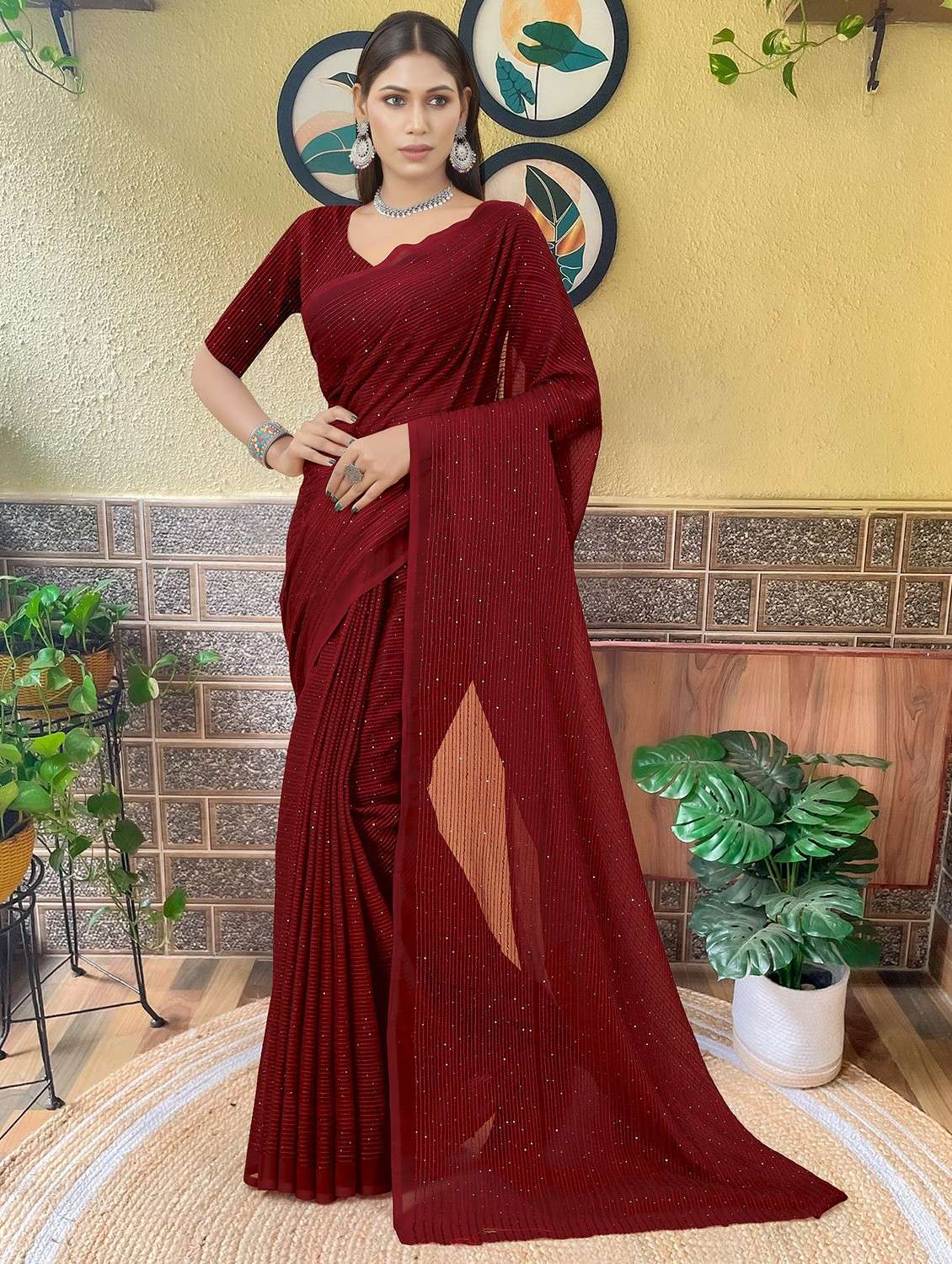 women solid with work embellished saree with blouse