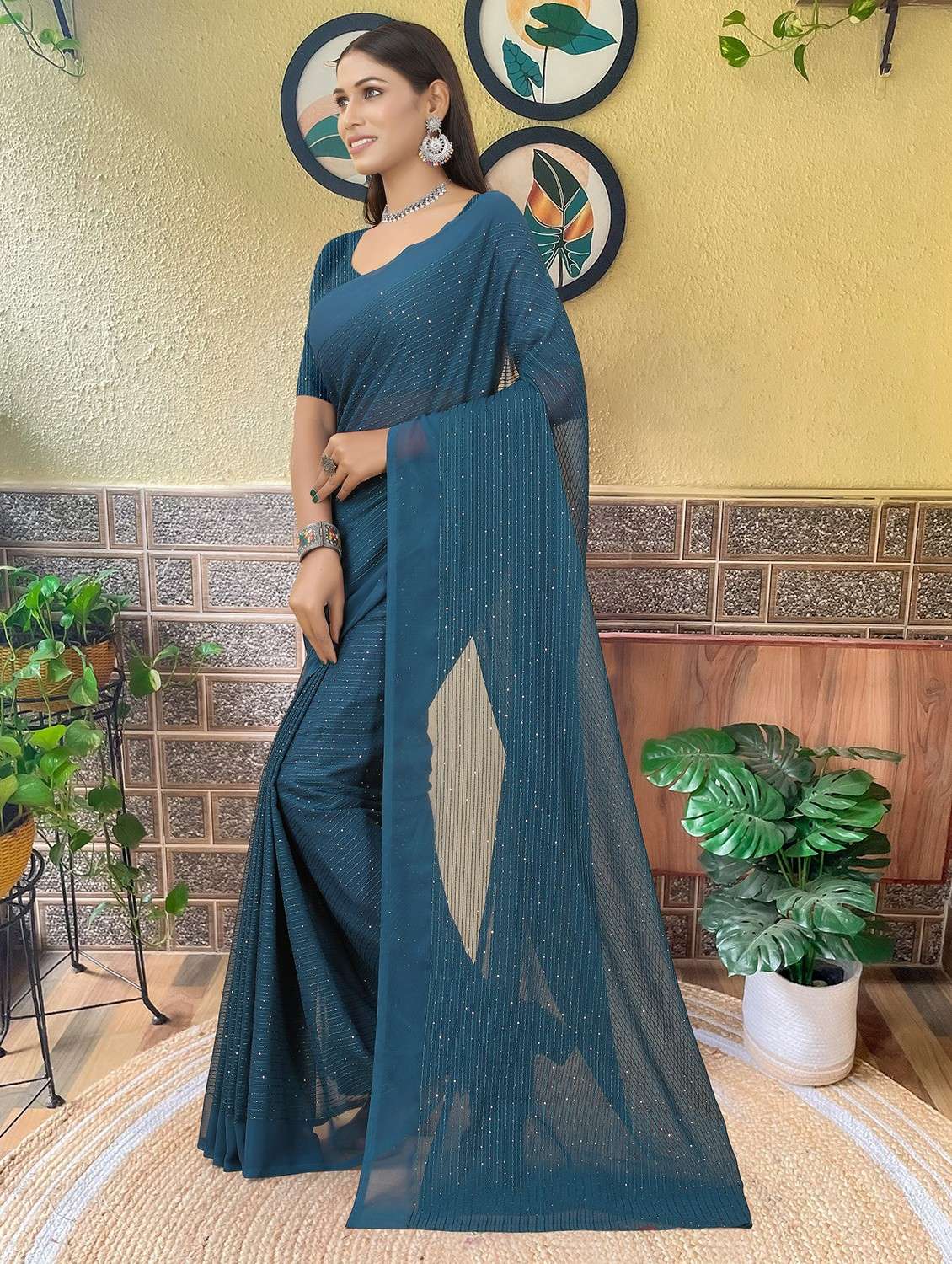 women solid with work embellished saree with blouse - 22103276 - Standard Image - 2