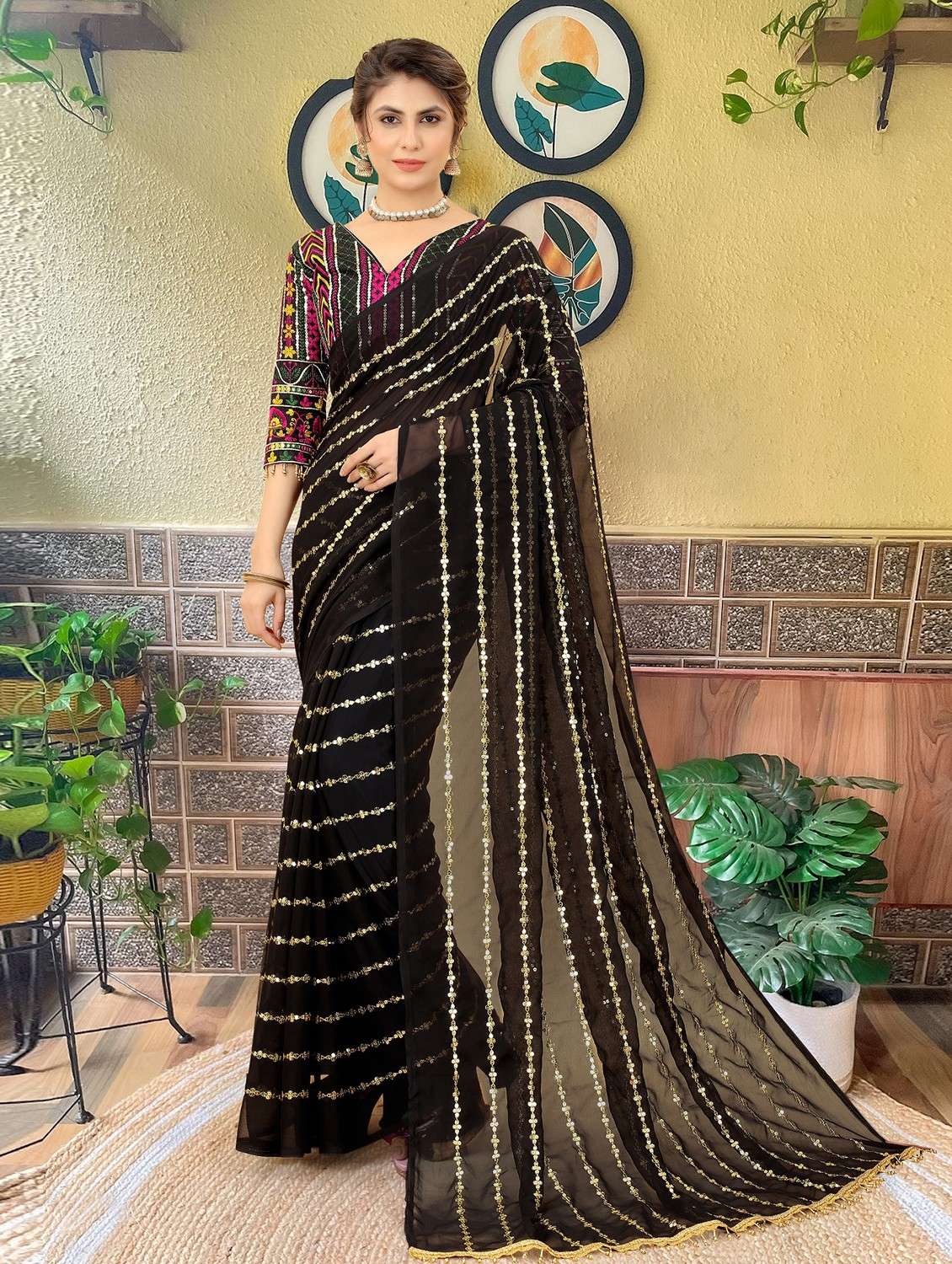 women solid with work embellished saree with blouse
