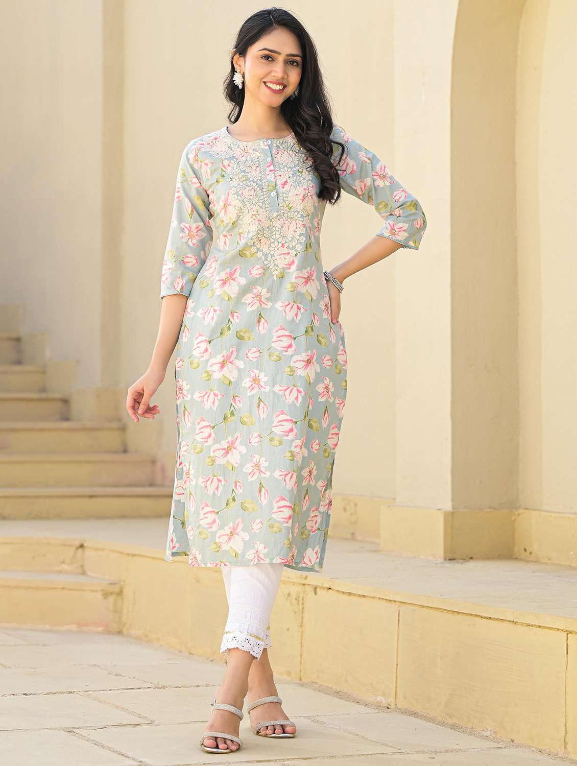 women floral three quarter sleeve straight kurta