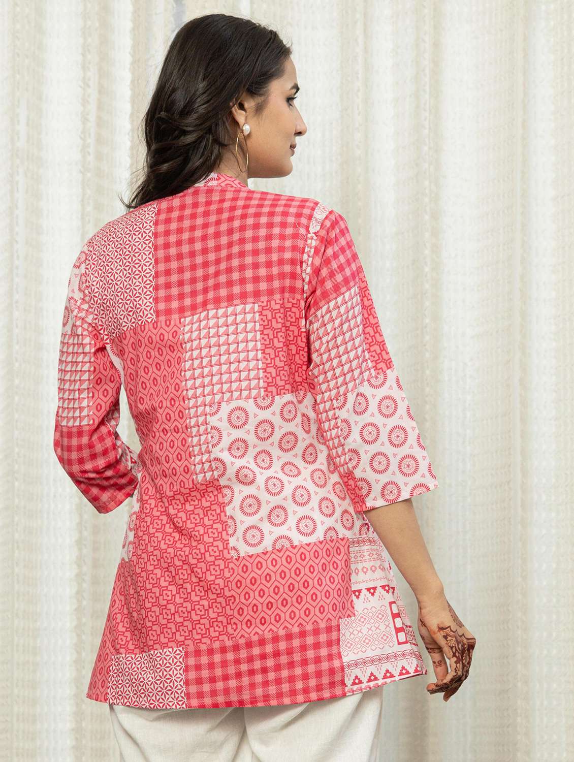 women printed three quarter sleeve a-line ethnic top - 22105352 -  Standard Image - 2