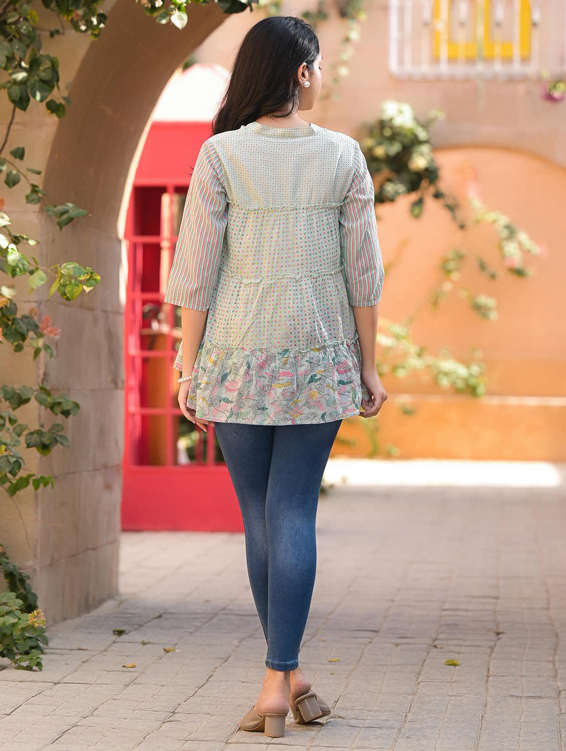 women printed three quarter sleeve tiered ethnic top - 22105353 -  Standard Image - 2