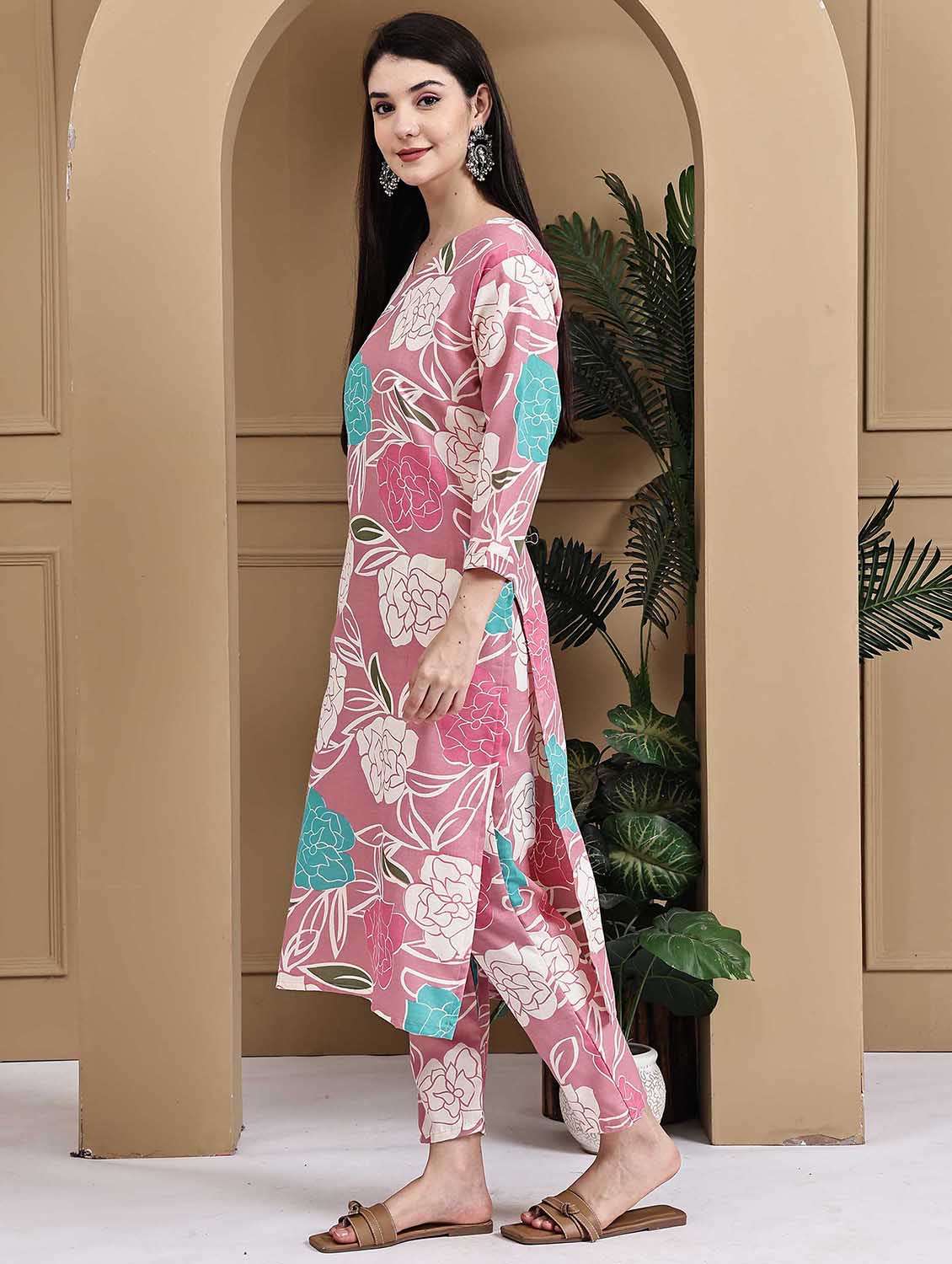 women printed three quarter sleeve kurta pant set - 22105873 - Standard Image - 2