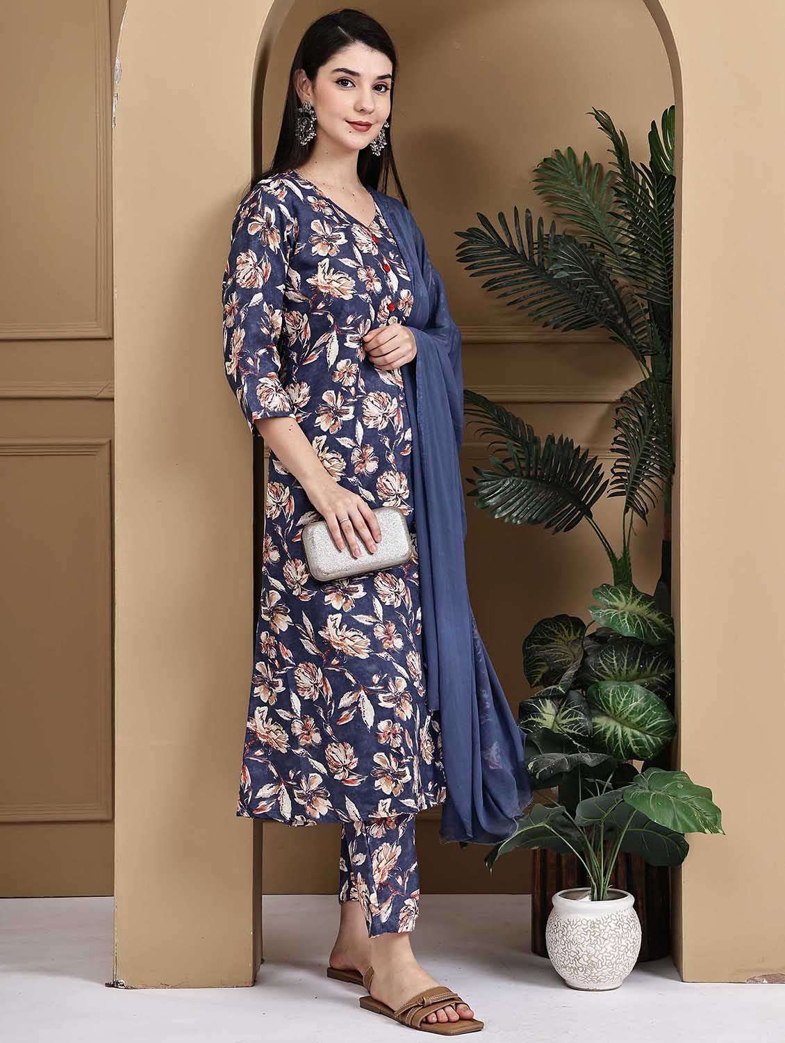 women printed three quarter sleeve kurta pant with dupatta set - 22105878 -  Standard Image - 2