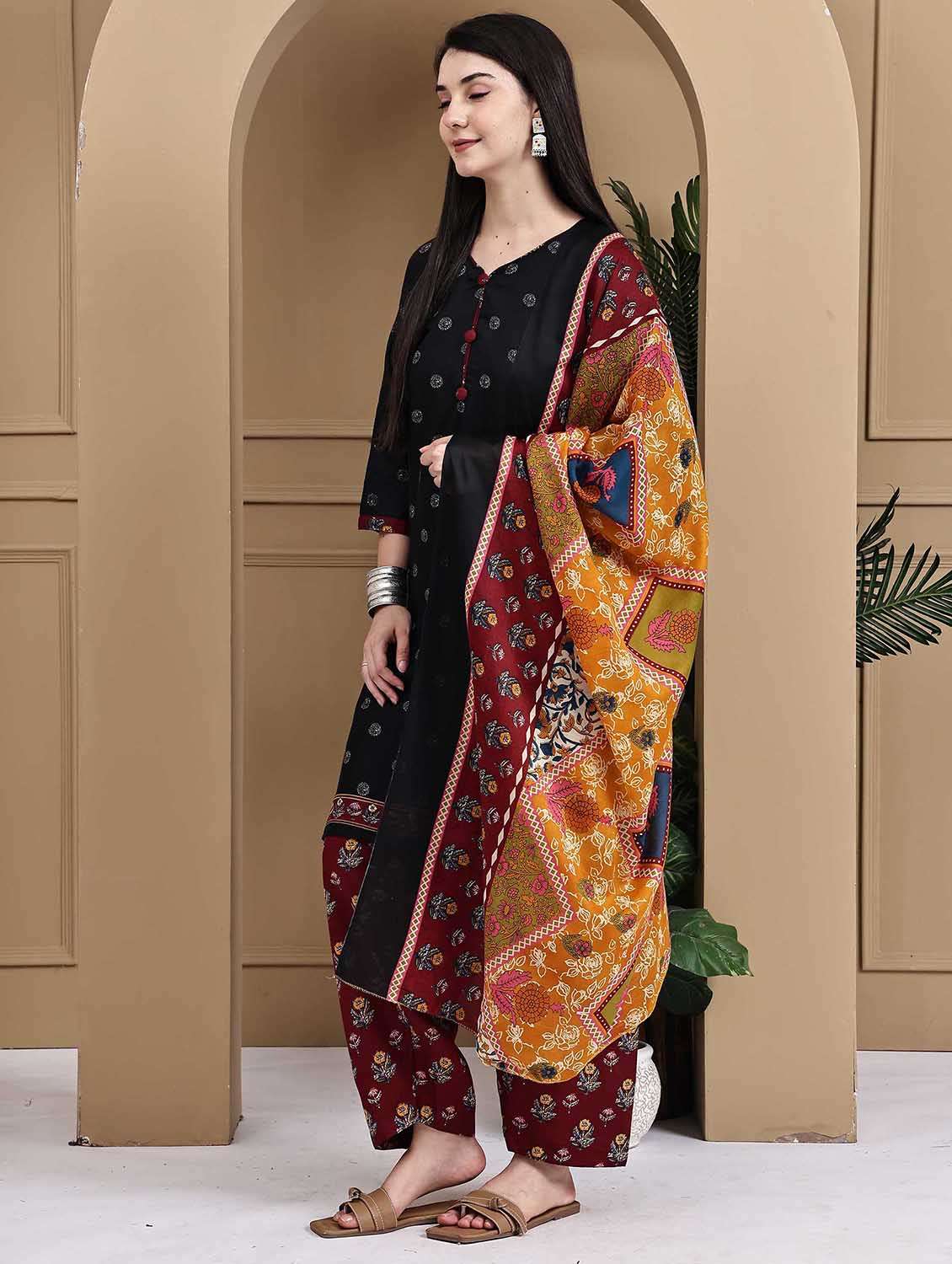 women printed three quarter sleeve kurta salwar with dupatta set - 22105884 -  Standard Image - 2