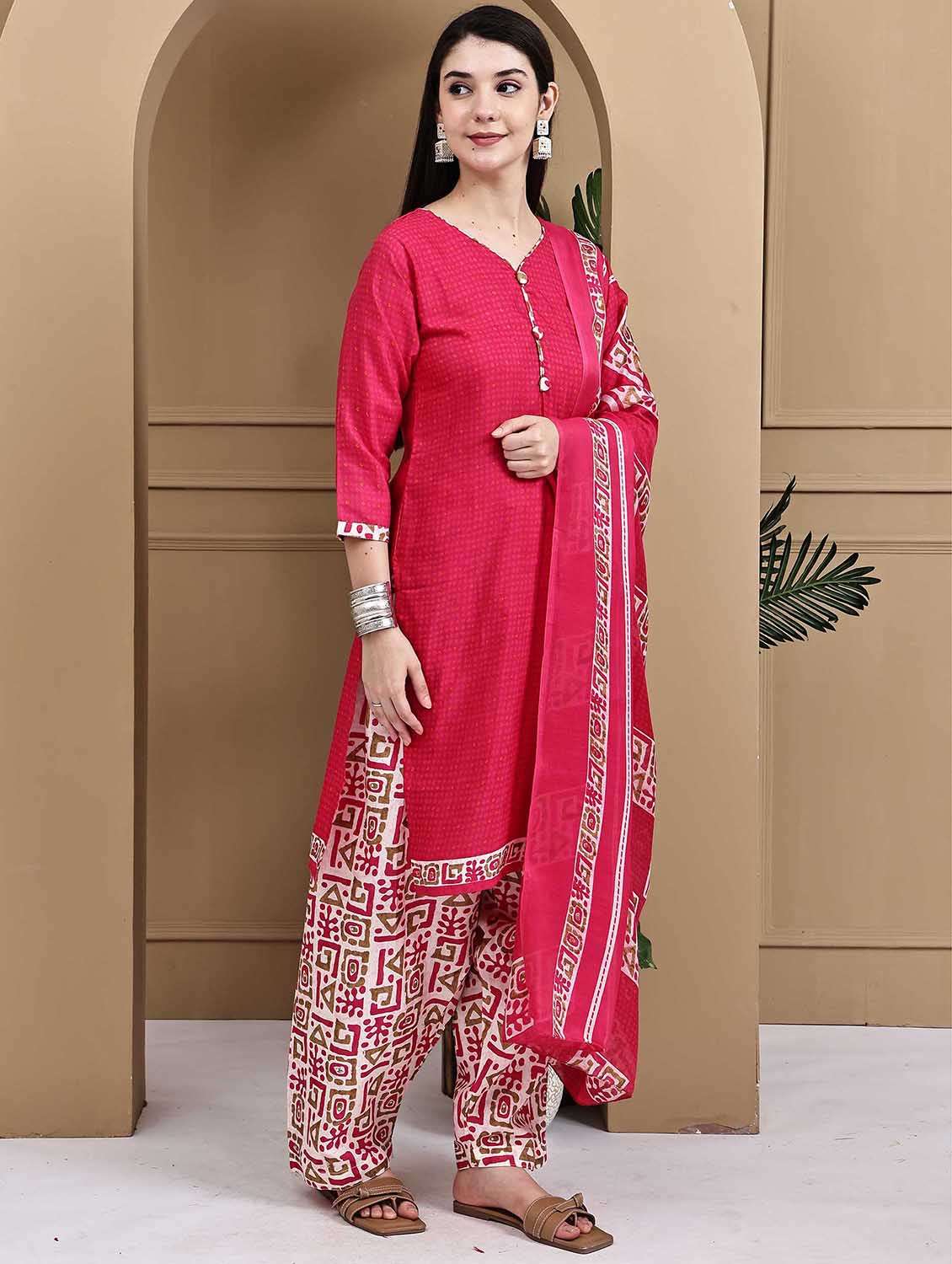 women printed three quarter sleeve kurta salwar with dupatta set - 22105890 -  Standard Image - 2