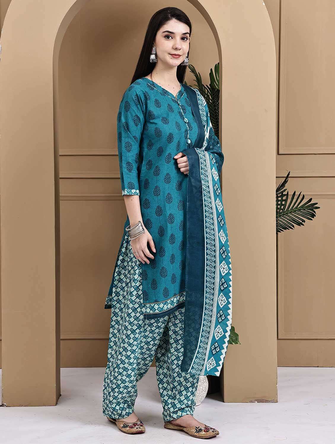 women printed three quarter sleeve kurta salwar with dupatta set - 22105895 -  Standard Image - 2