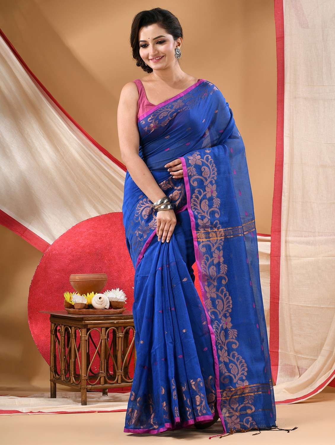 blue cotton handloom saree with blouse