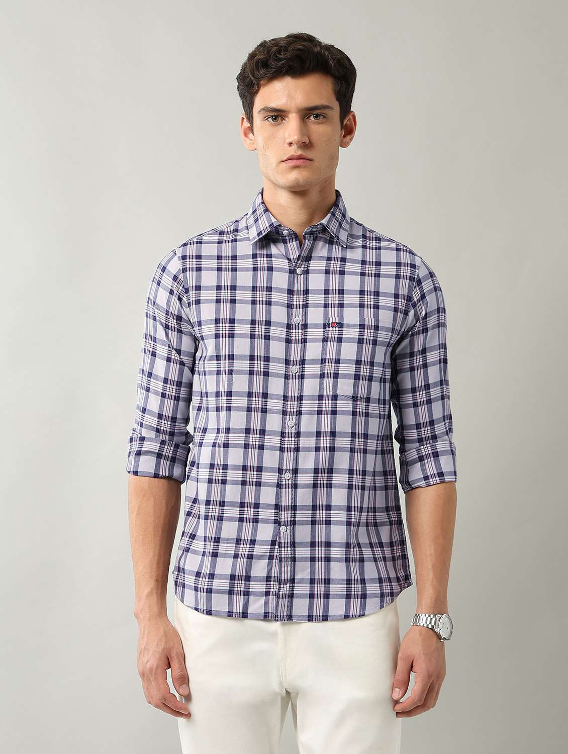 men checkered long sleeve slim fit casual shirt