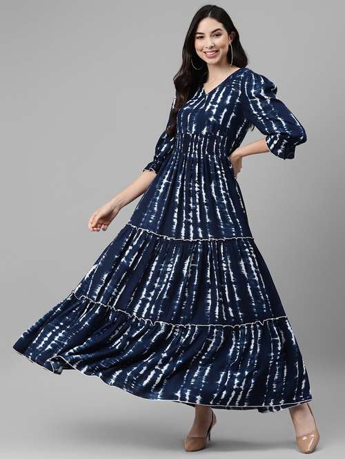 women tie & dye printed puff sleeve tiered dress - 22106075 -  Standard Image - 0
