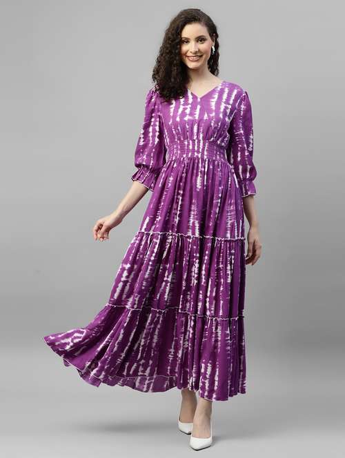 women tie & dye printed puff sleeve tiered dress - 22106077 -  Standard Image - 0
