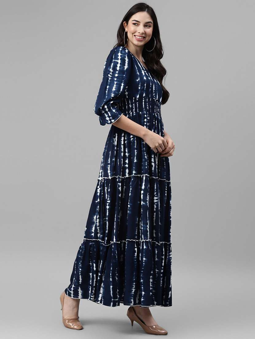 women tie & dye printed puff sleeve tiered dress